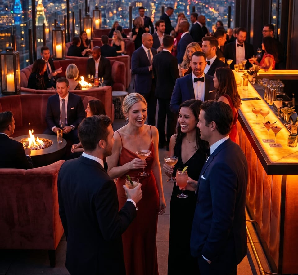 Guests talking over cocktails at a rooftop bar, city lights behind them
